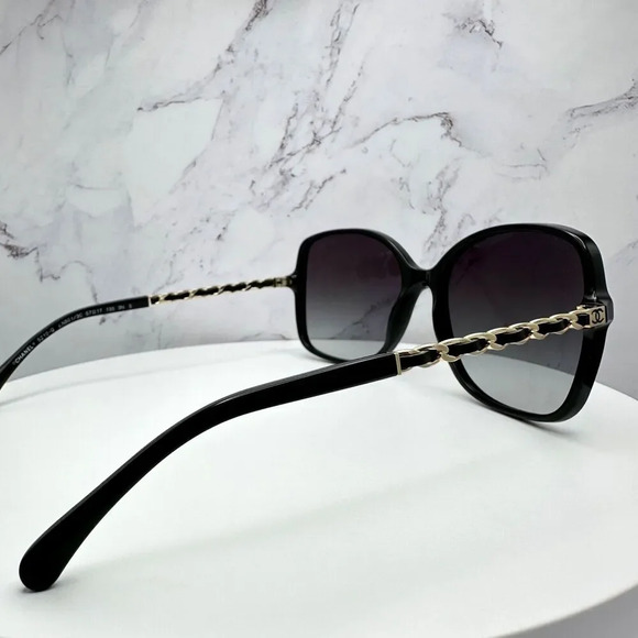 CHANEL Sunglasses Black Gold Chain Arms Interlocking CC Logo Acetate Square New - Picture 13 of 16